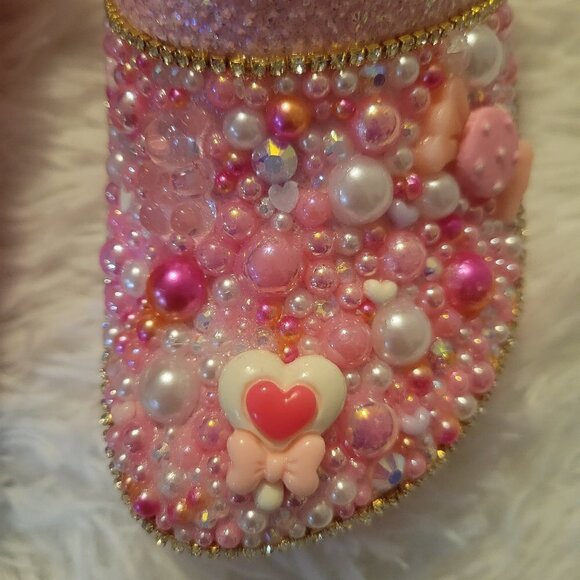 Custom Toddler Pink Tweed Glitter Crocs Pink & White Size C9 - Picture 7 of 9